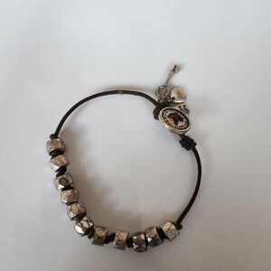 Vintage Fossil Leather and Silver Tone Beaded Bracelet